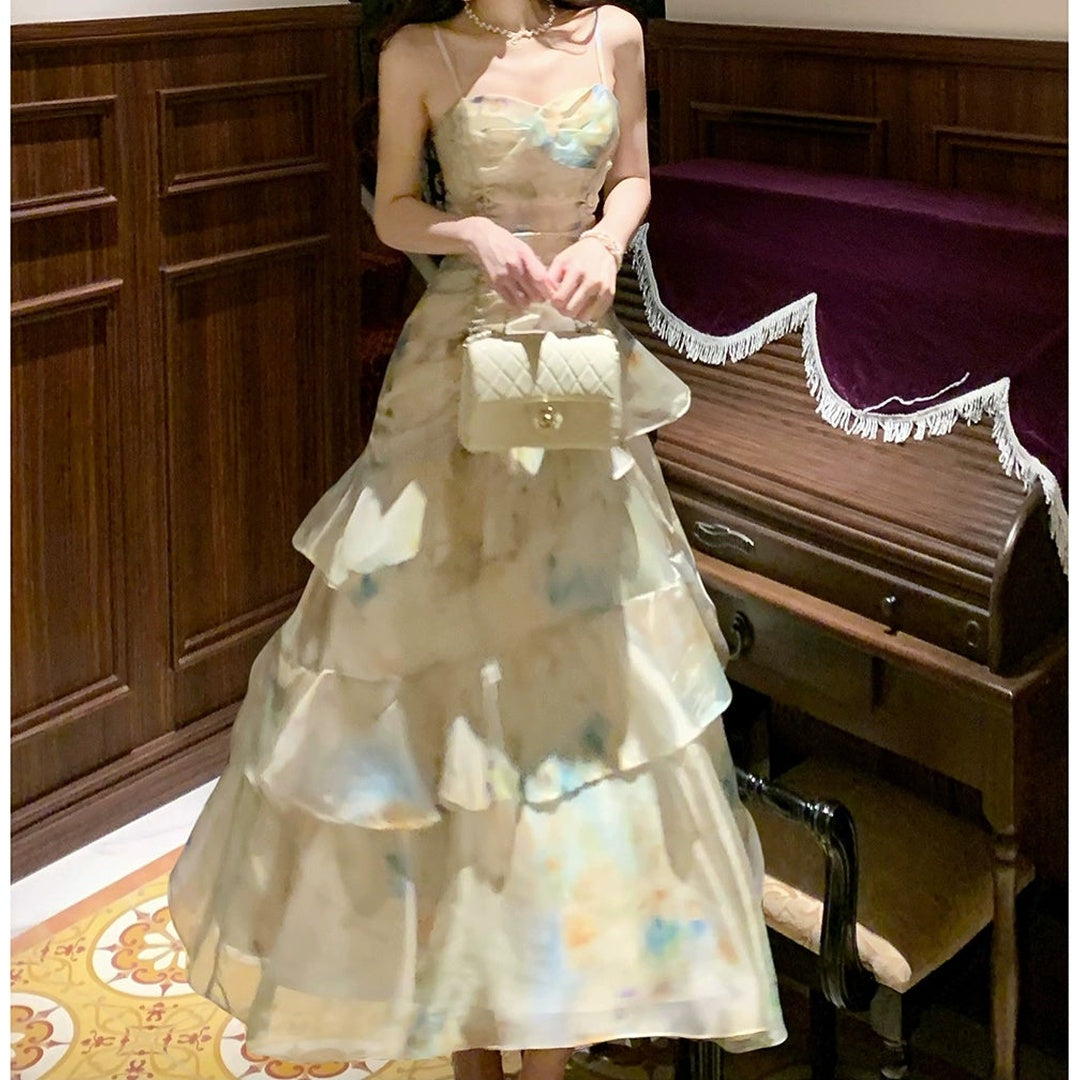 French Ombre Green Ruffle Halter Gown Dress