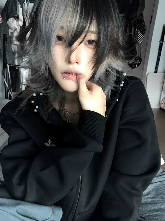 American High Street Black Studded Hoodie Jacket Autumn-Winter Heavy Zip-Up Design Top