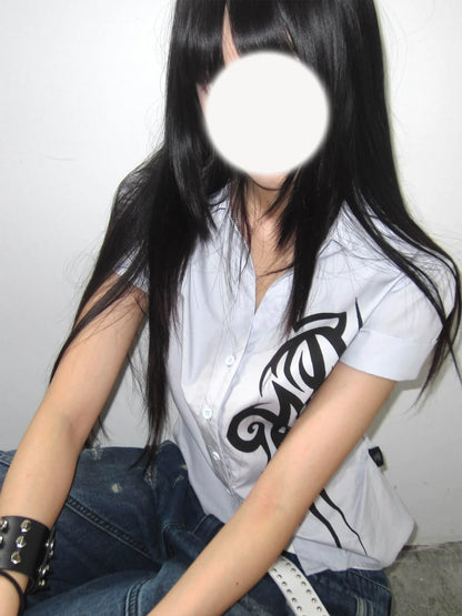 Punk Subculture Printed Short Sleeve Shirt  Fitted Waist Y2K Alternative Top