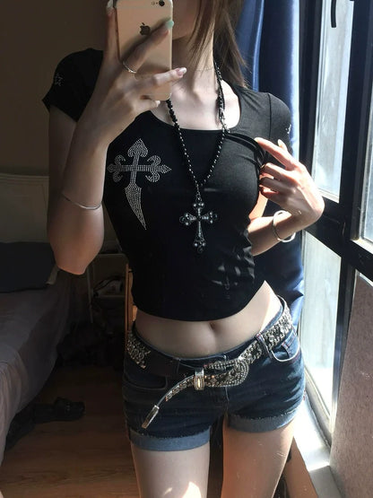 Retro Black Cross Rhinestone Tee