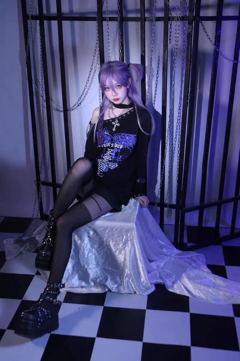 Black Demon Love Cross-Chain Off-Shoulder Hoodie Y2K Hoodie