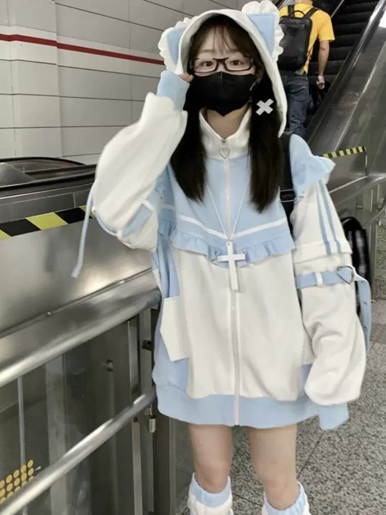 Blue & White Virtual Human Hoodie [Spring-Autumn] Subculture Y2K Anime Cat-Ear Hooded Fleece-Lined Jacket