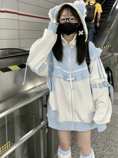 Blue & White Virtual Human Hoodie [Spring-Autumn] Subculture Y2K Anime Cat-Ear Hooded Fleece-Lined Jacket