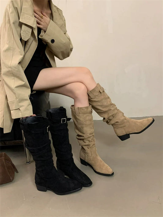 Suede Square Toe Slouchy Womens Boots Fall Winter New Buckle Chunky Heel Knee High Slimming Biker Boots