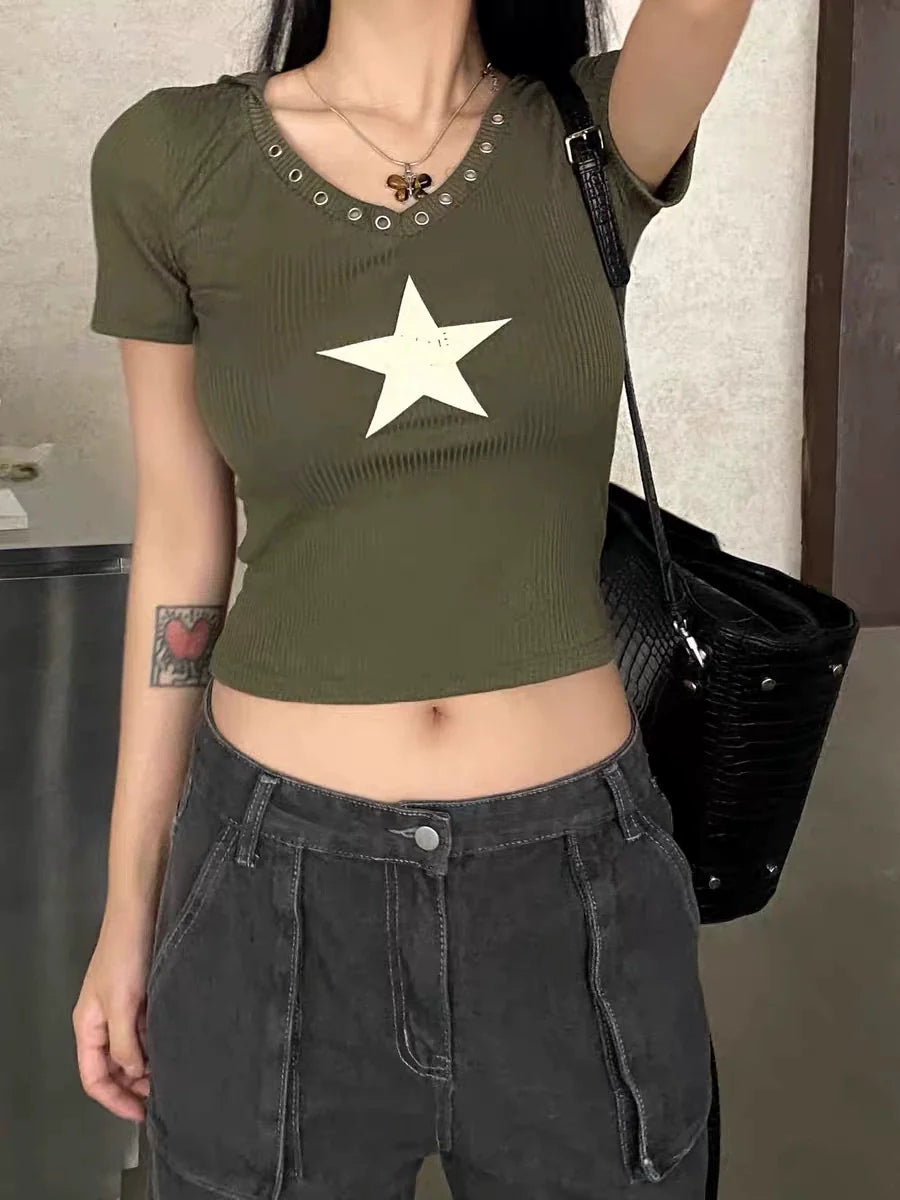 Vintage Green Punk Star Print V-Neck Hooded Y2K T-Shirt