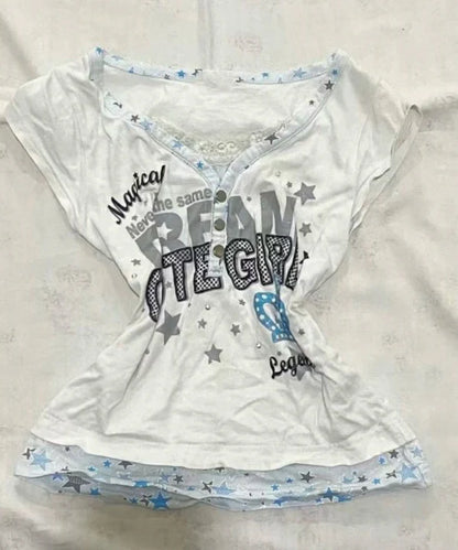 White Fake Two-Piece Subculture Y2K E-girl Shibuya Girl Abi American Retro Star Short Sleeve Top