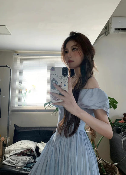Blue Ruffled Sleeve Off-The-Shoulder French Retro Dress