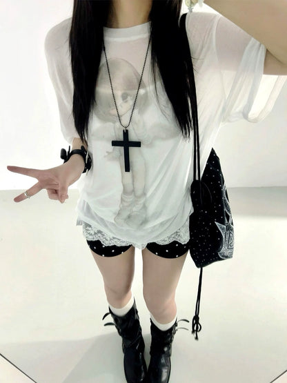 Y2K White Angel Sheer Tee Otaku Soft Mesh Layer Top