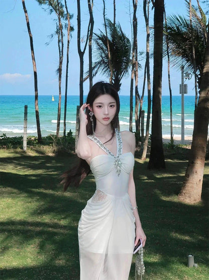 French High-End Rhinestone-Embellished Halter Mermaid Dress