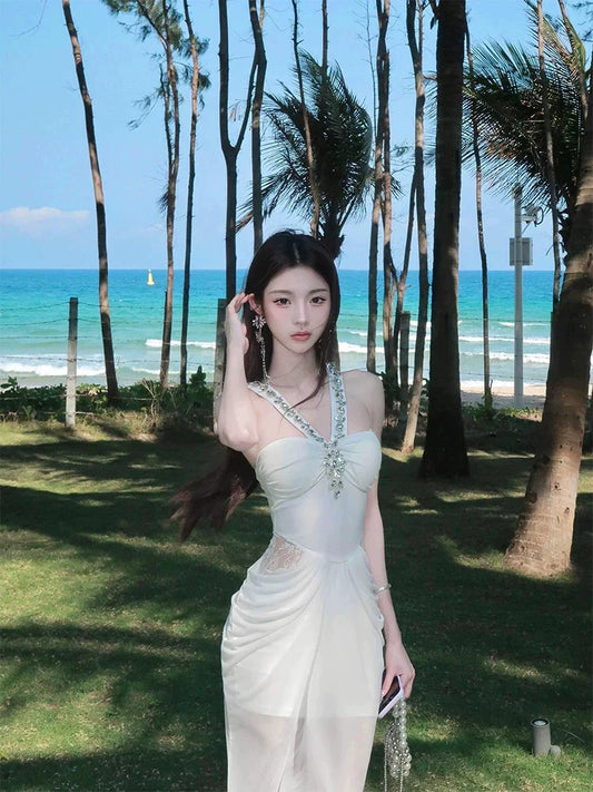 French High-End Rhinestone-Embellished Halter Mermaid Dress