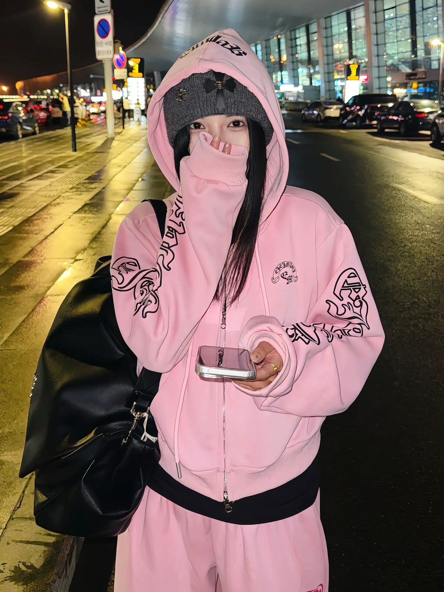 Vintage Pink Gothic Hoodie Zip-Up Jacket for Autumn Winter