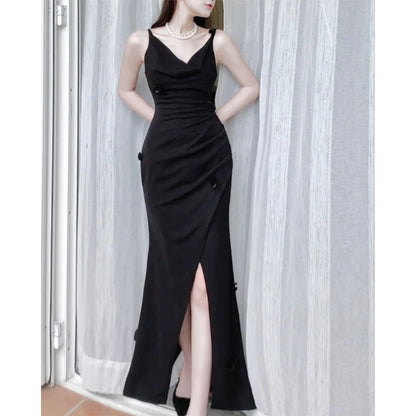 French Black Chic Spaghetti Gown Dress