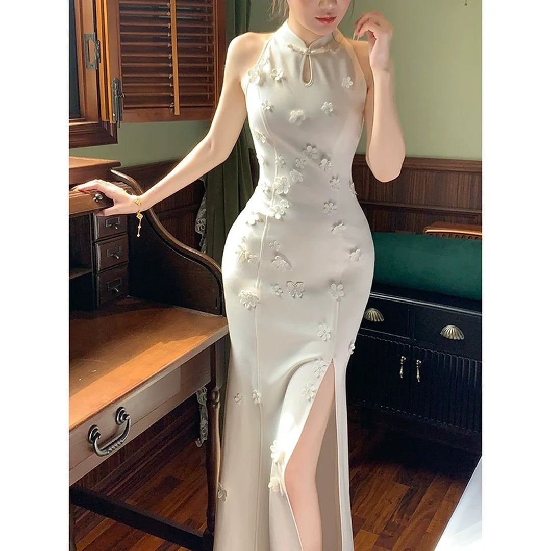 Chinese Floral Embroidery White Cheongsam Gown Dress