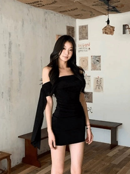 French Black Off-The-Shoulder Slim-Fit Bodycon Mini Dress