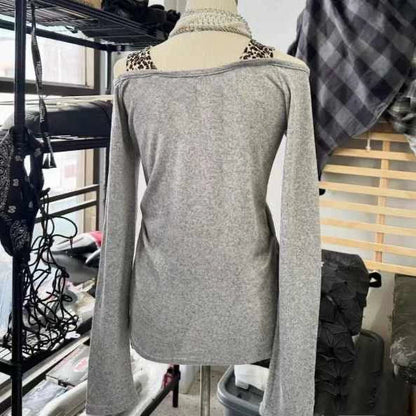 Gray Vintage Leopard Print Panel Off-The-Shoulder Fake Two-Piece Y2K T-Shirt