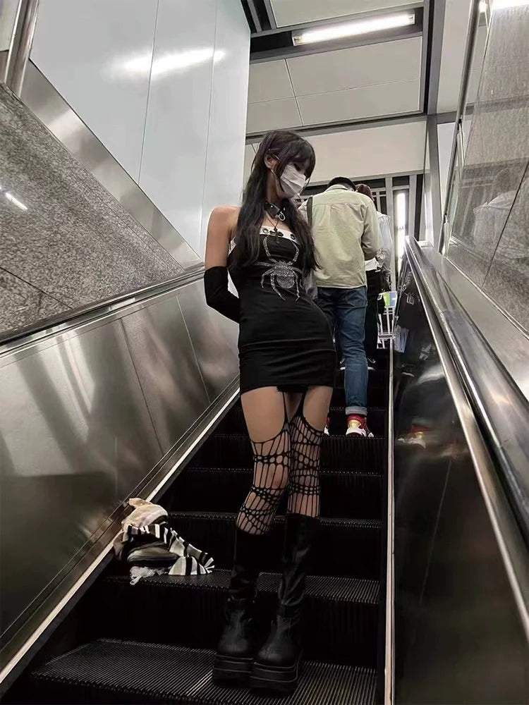 Black [With Free Arm Sleeves] Subculture Punk Y2K E-girl Dark Gothic Crop Top Dress