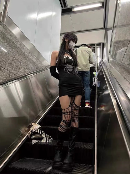 Black [With Free Arm Sleeves] Subculture Punk Y2K E-girl Dark Gothic Crop Top Dress