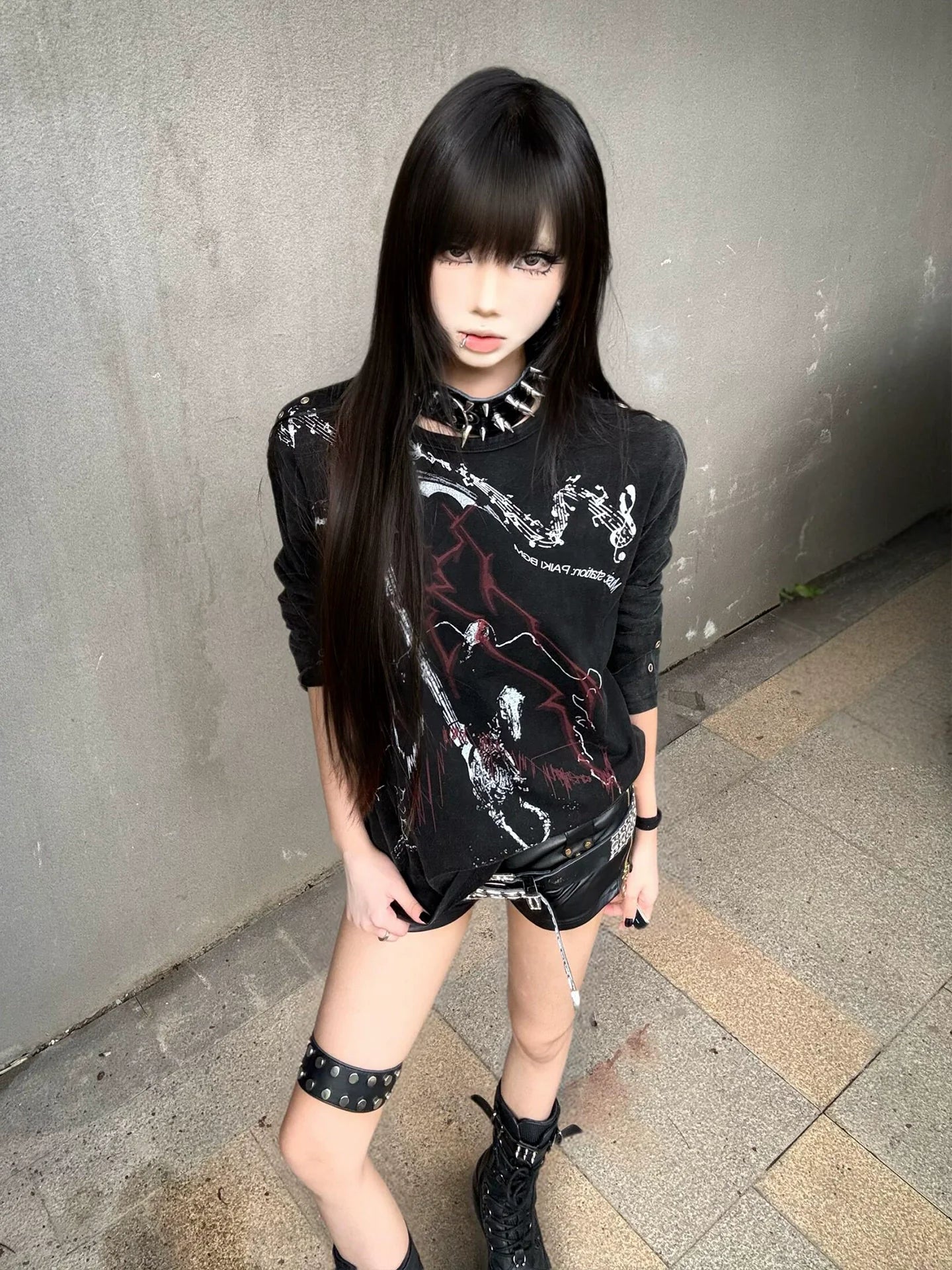 Y2K Subculture Vintage Wash Long Sleeve Tee Distressed Visual Kei Top