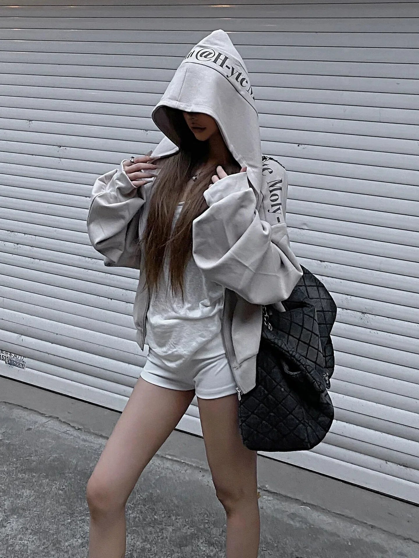 American Short Zip Hoodie Vintage Letter Print Cropped Sweatshirt