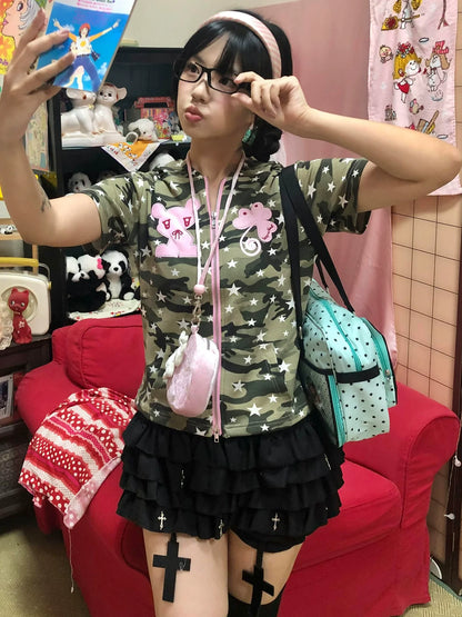 Y2K Bear Ears Hoodie Tee Camouflage Zip-Up Cropped Top