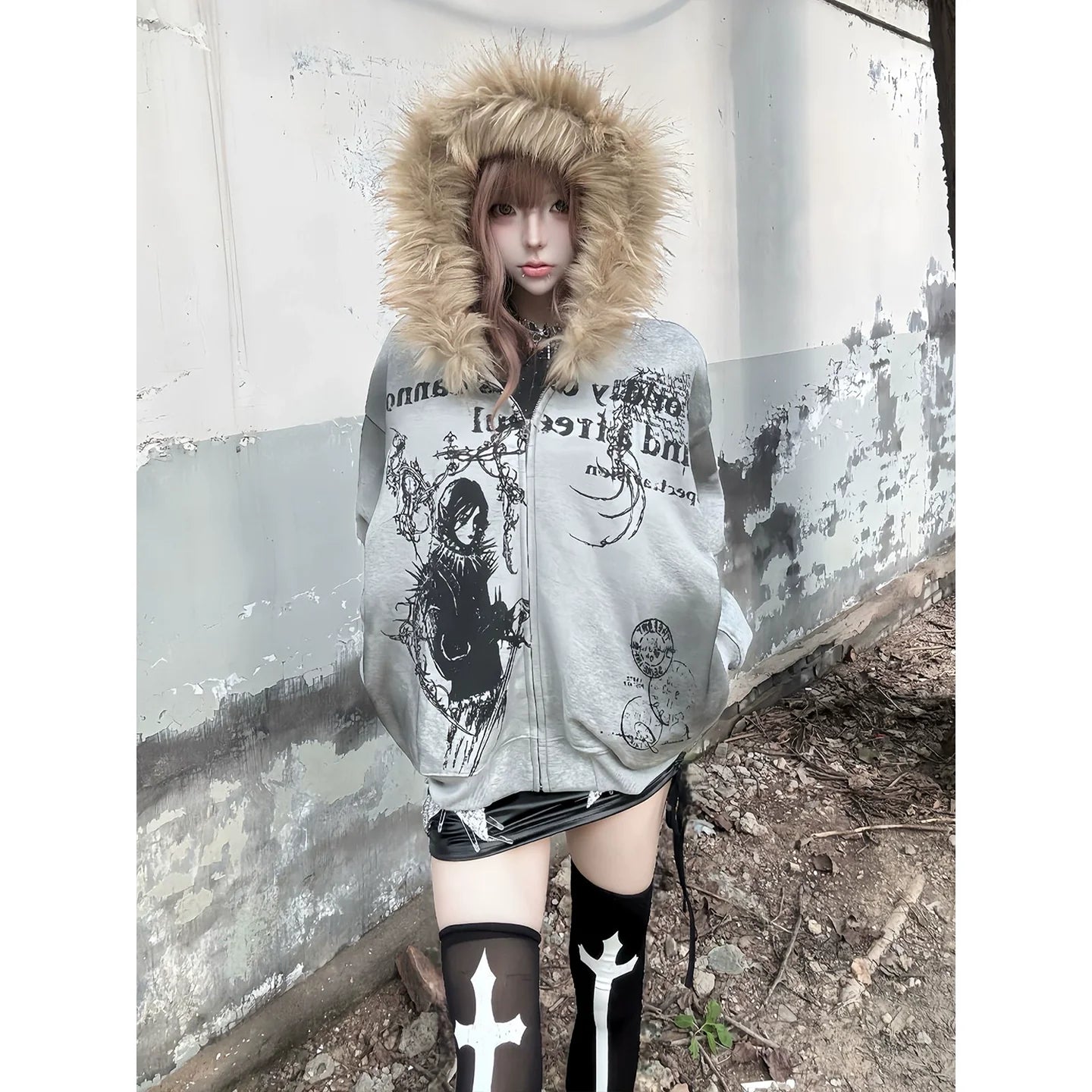 Y2K Fur Collar Zip Hoodie Subculture Street Cropped Jacket