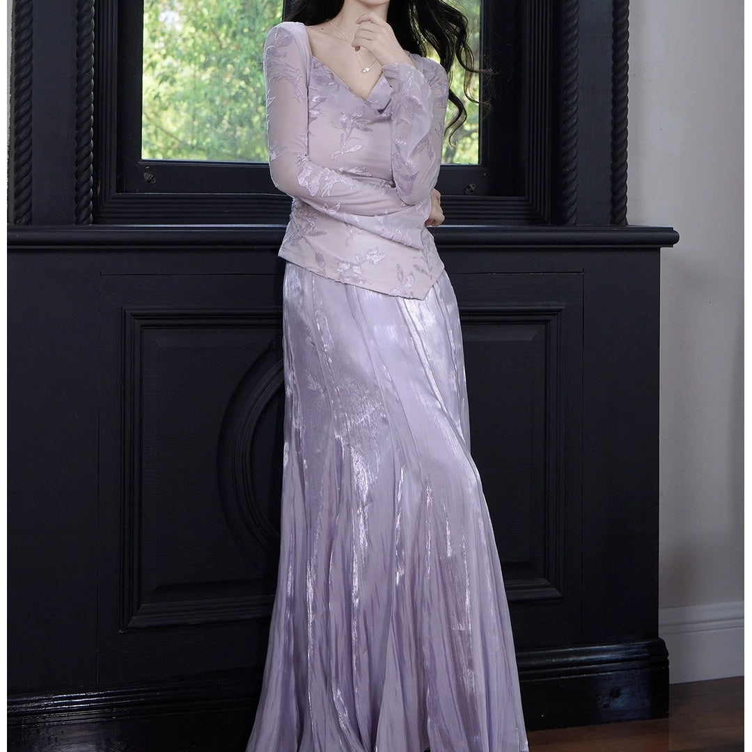 Purple V-Neck Long Sleeve Set Gown Prom Dress