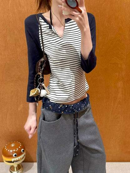 Vintage Stripe Viscose Mid Sleeve Top for Early Autumn