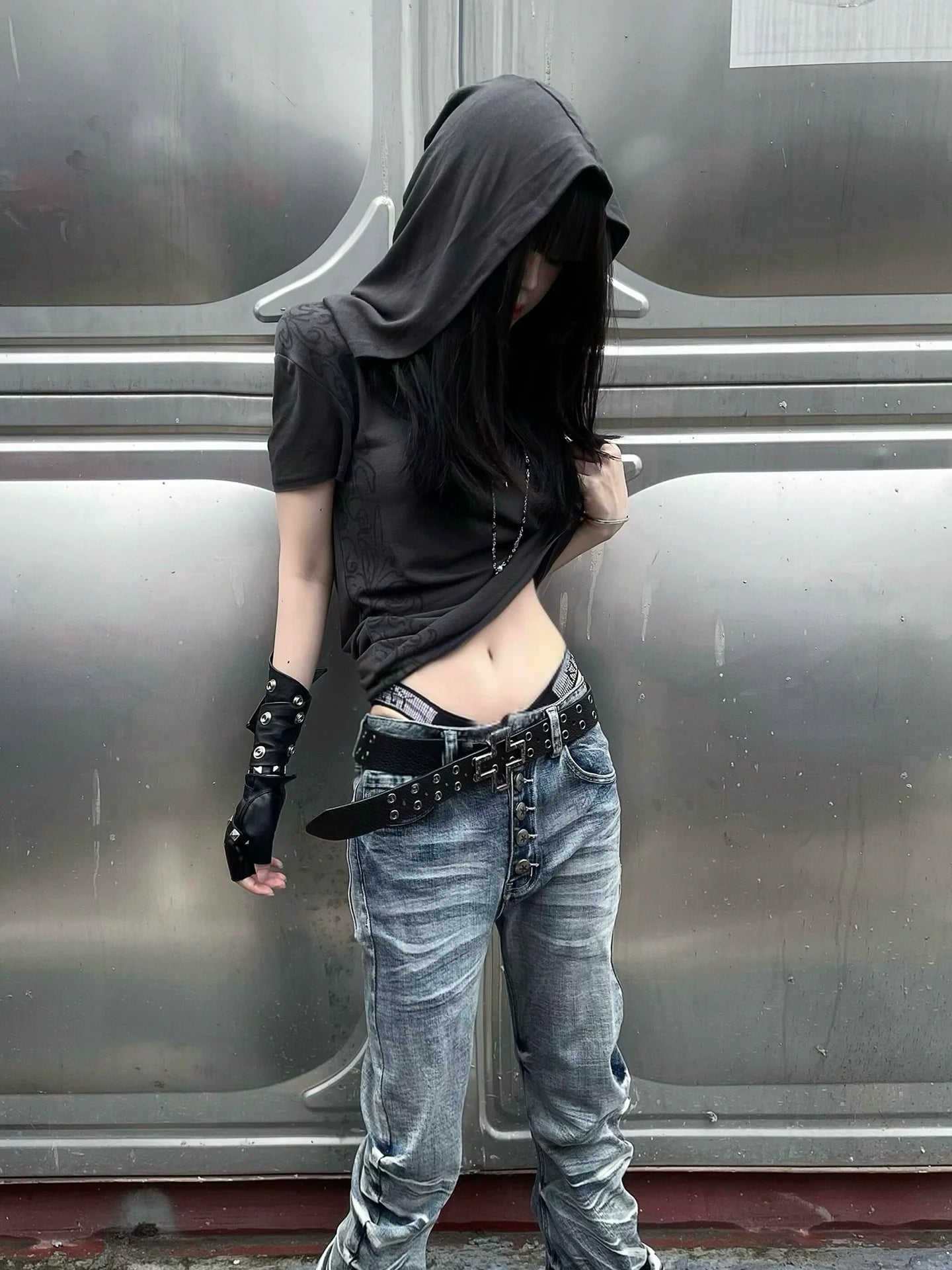 Punk Y2K Full Print Hoodie Tee Summer 2025 Visual Kei Structured Shoulder Top