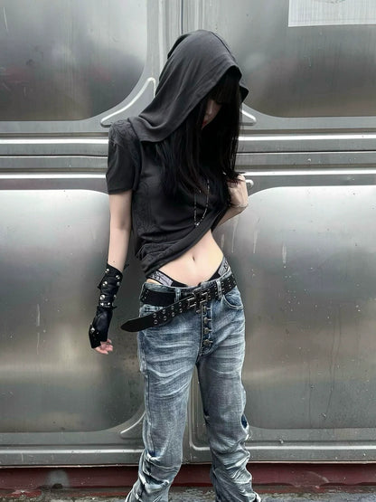 Punk Y2K Full Print Hoodie Tee Summer 2025 Visual Kei Structured Shoulder Top