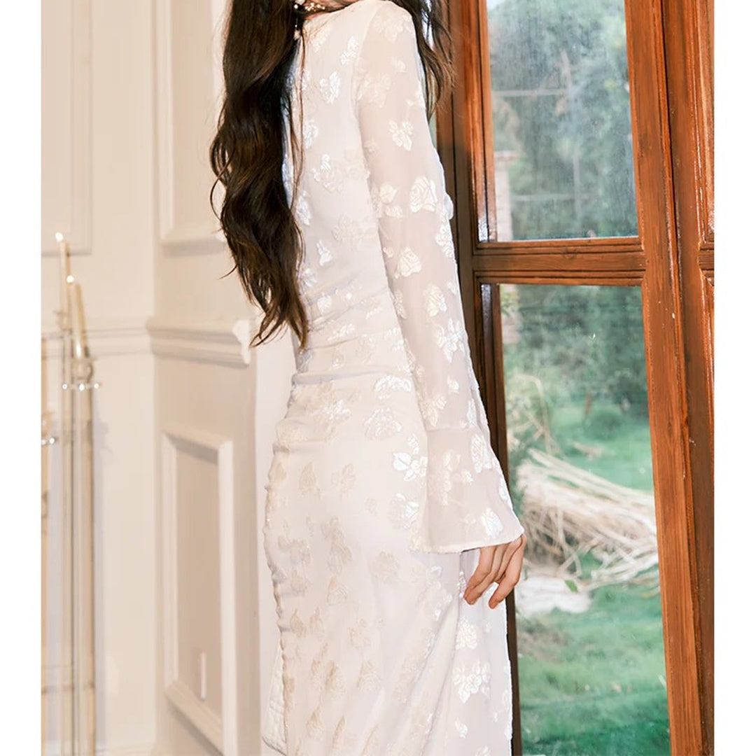 French White Flocked Long Sleeve Gown Dress