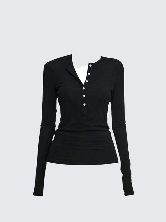 American Black Henley Knit Top
