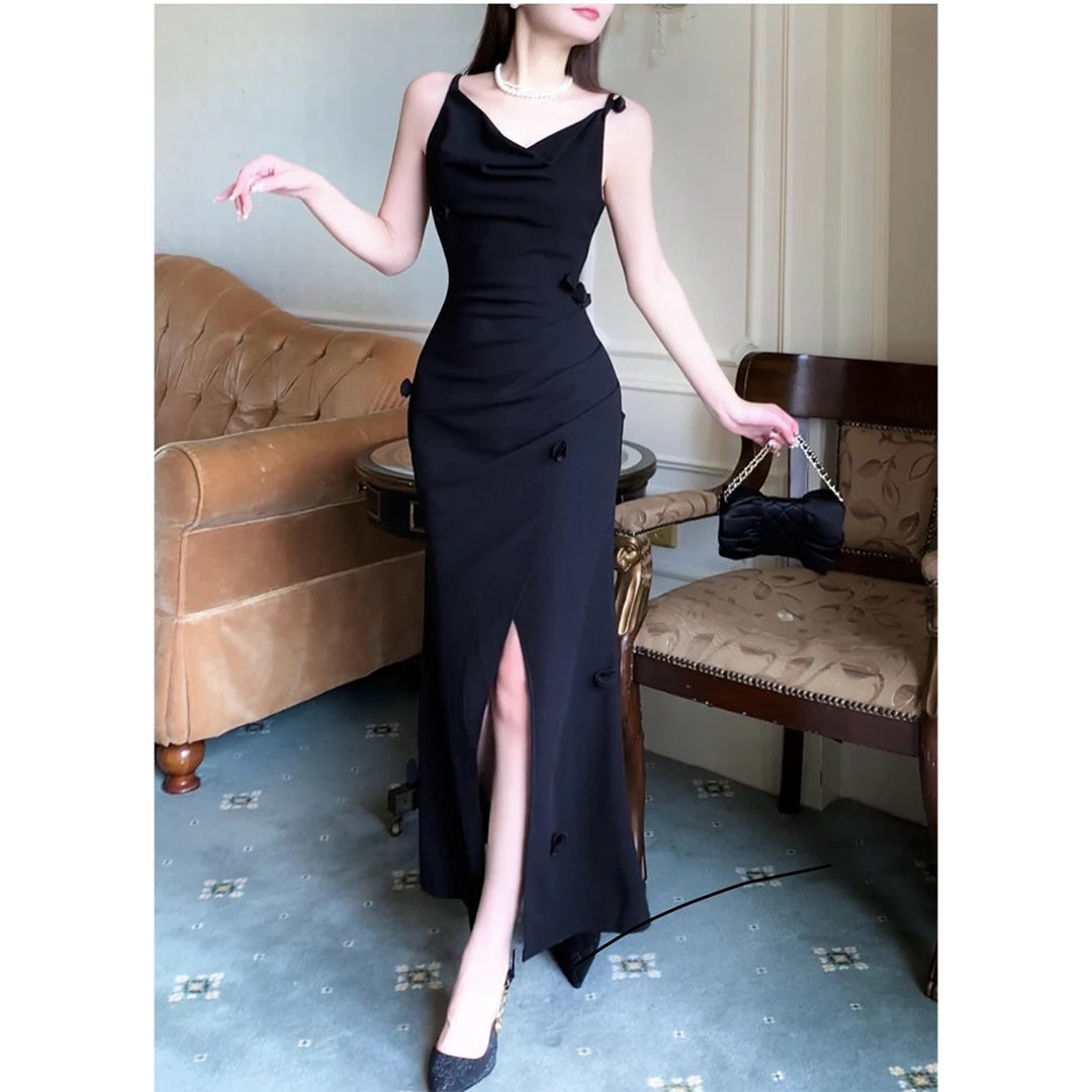 French Black Chic Spaghetti Gown Dress
