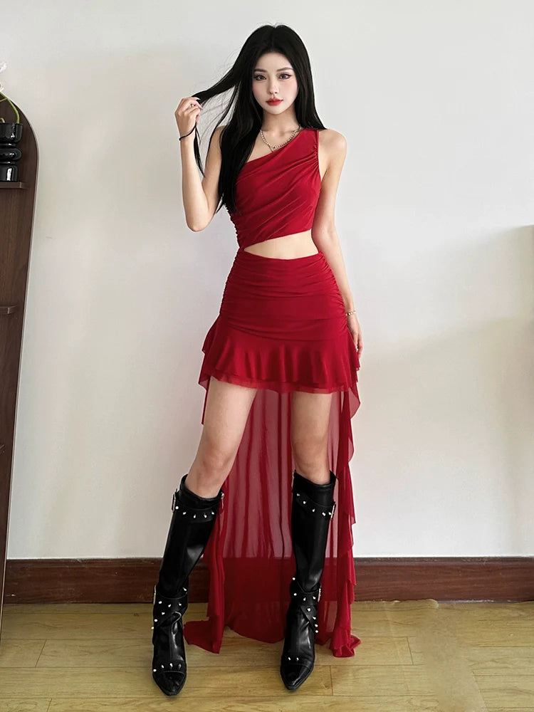 Bold Trendy Niche Off-The-Shoulder Cutout Waist Slimming Asymmetrical Dress