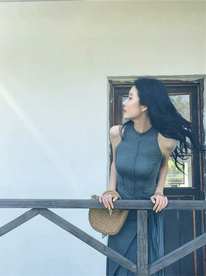 High-End Gray Modal Tank Dress Fake Two-Piece Bodycon