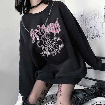 Black Y2K Harajuku Anime Terry-Cloth Hoodie