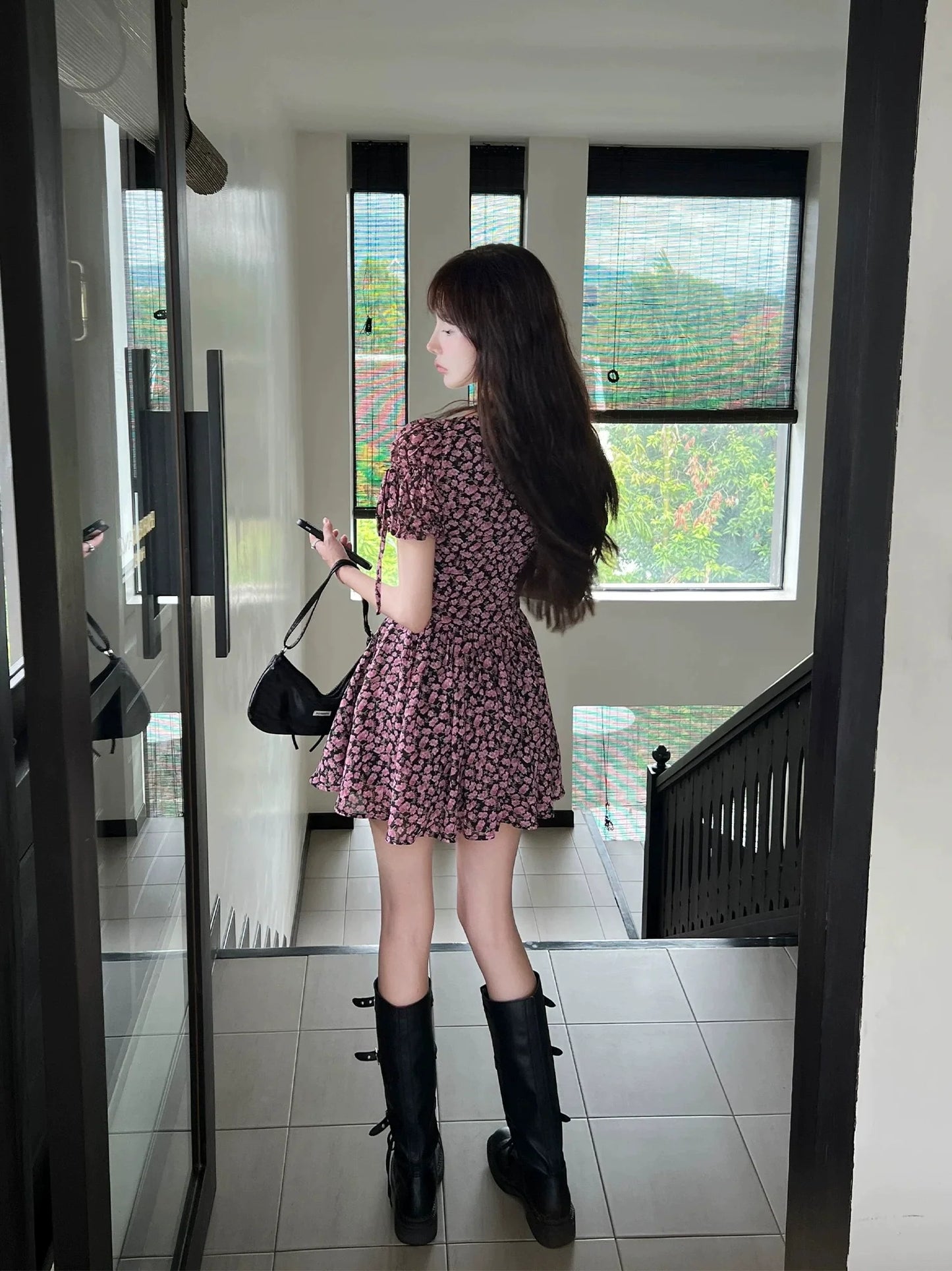 Purple Floral V-Neck Smocked Bubble-Sleeve Mini Dress