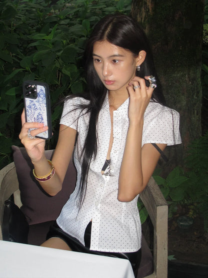 Y2K White Star Polka Dot Short Sleeve Shirt Fitted Structured Shoulder Cropped Vintage Top