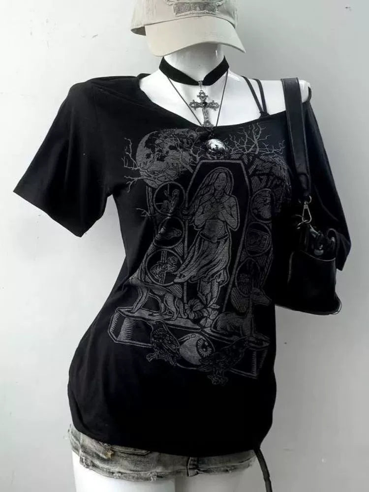 Black Punk Y2K E-girl American Retro Off-Shoulder Paneled Short Sleeve Top