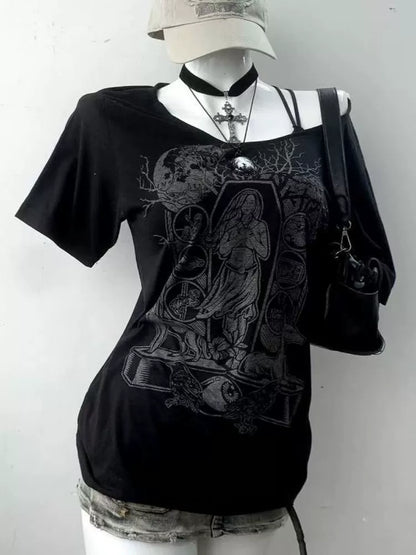 Black Punk Y2K E-girl American Retro Off-Shoulder Paneled Short Sleeve Top