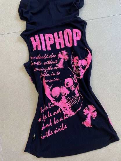 Skull Sleeveless Hooded Y2K T-Shirt