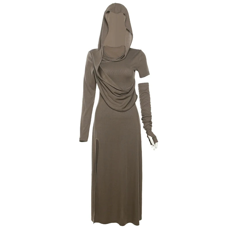 Retro Wasteland Style Hooded Ruched High-Slit Maxi Dress