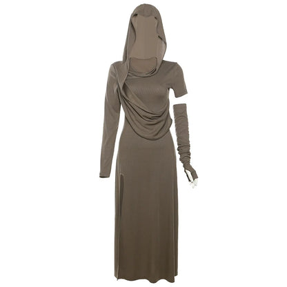 Retro Wasteland Style Hooded Ruched High-Slit Maxi Dress