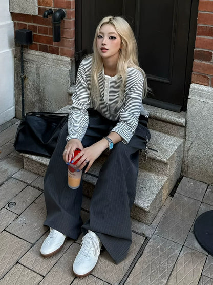 Retro Striped Henley Long Sleeve Top for Early Autumn