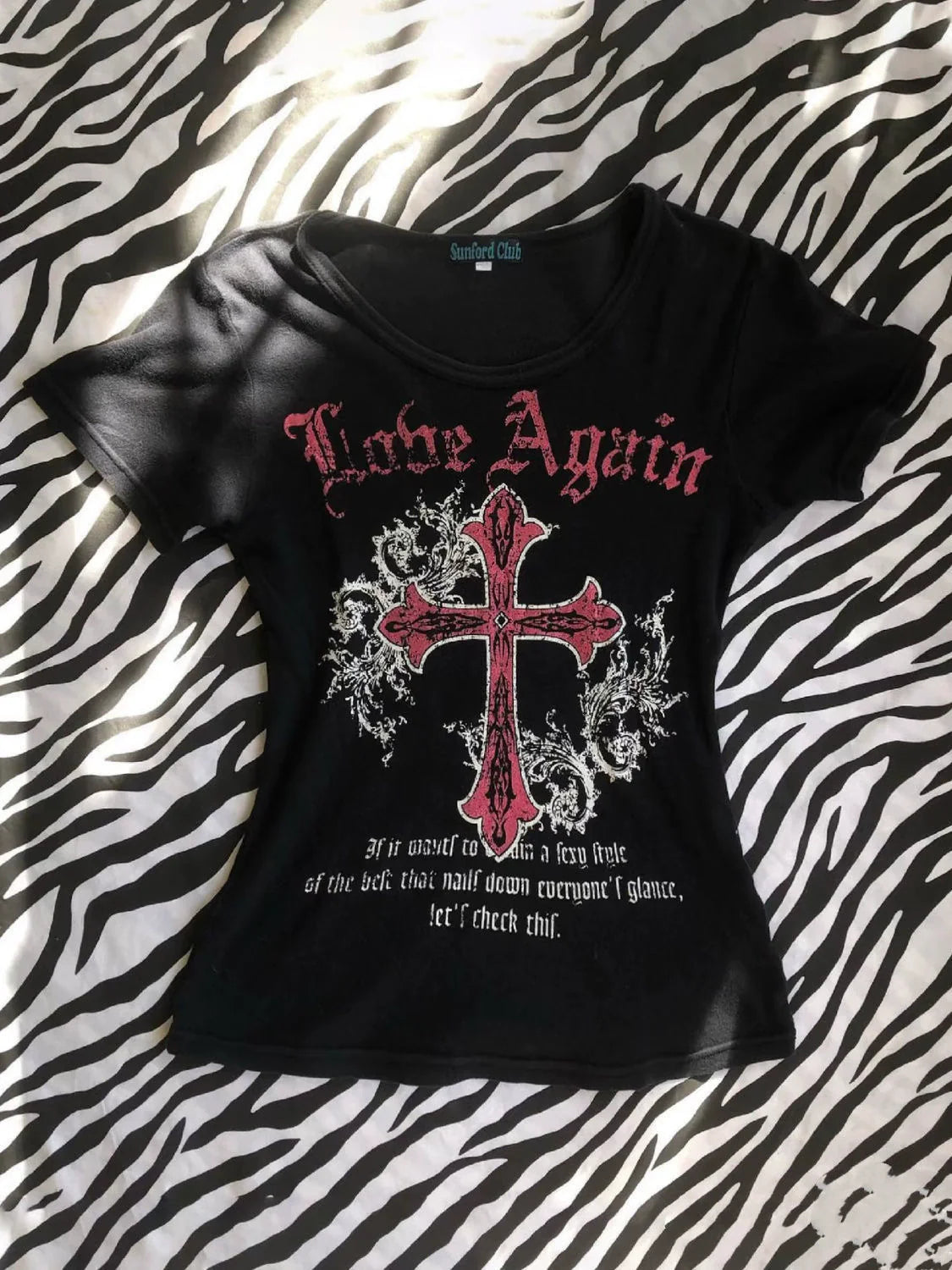 Black Gothic Punk Y2K E-girl American Retro Cross Print Short Sleeve Top
