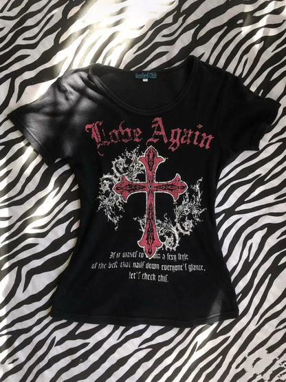 Black Gothic Punk Y2K E-girl American Retro Cross Print Short Sleeve Top