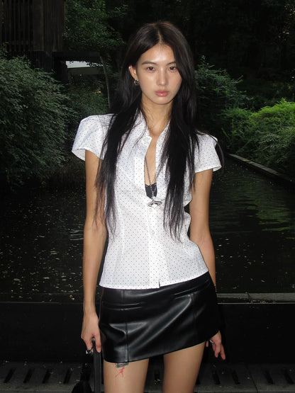 Y2K White Star Polka Dot Short Sleeve Shirt Fitted Structured Shoulder Cropped Vintage Top