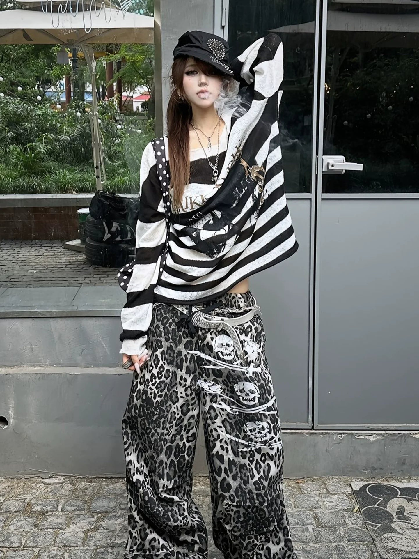 Y2K Black & White Striped Sweater Punk Knit Pullover Autumn-Winter Loose Fit Top