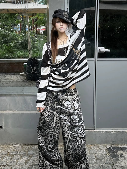 Y2K Black & White Striped Sweater Punk Knit Pullover Autumn-Winter Loose Fit Top