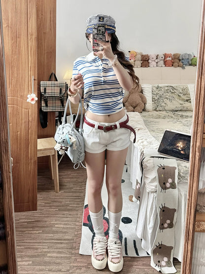Preppy Blue Striped Short Sleeve Polo Top Summer Y2K Shirt