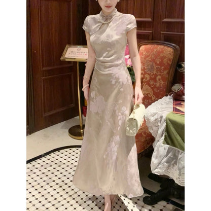 Purple Jacquard Chinese-Inspired Cheongsam Dress